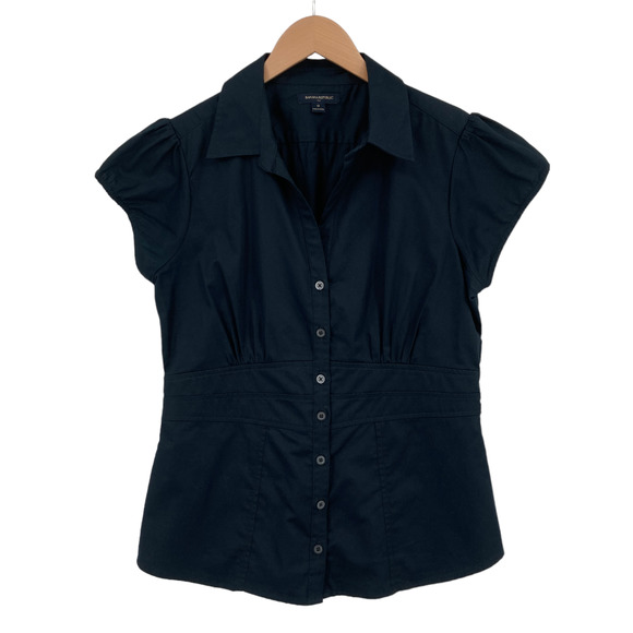 Banana Republic Tops - Banana Republic Blouse Top Womens Size 12 Black Cap Sleeve Collared Button Down